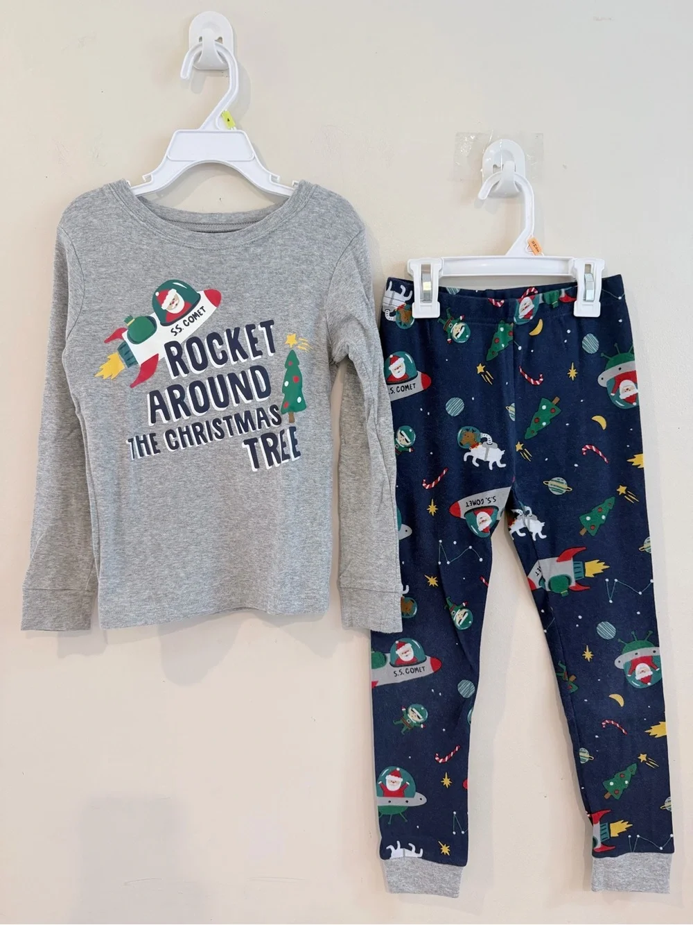 Carter's Grey Top and Navy Rocket Christmas Pajama Set